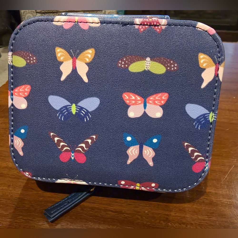 Whimsical Blue Butterfly Jewelry Case with Zipper